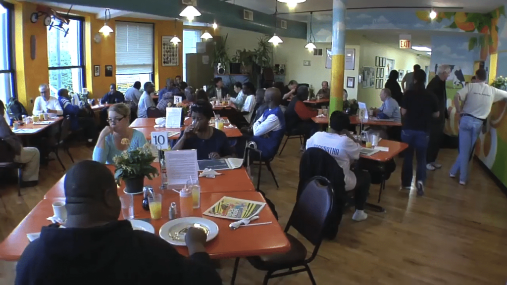 A shot of Karin's restaurant helping feed the homeless.