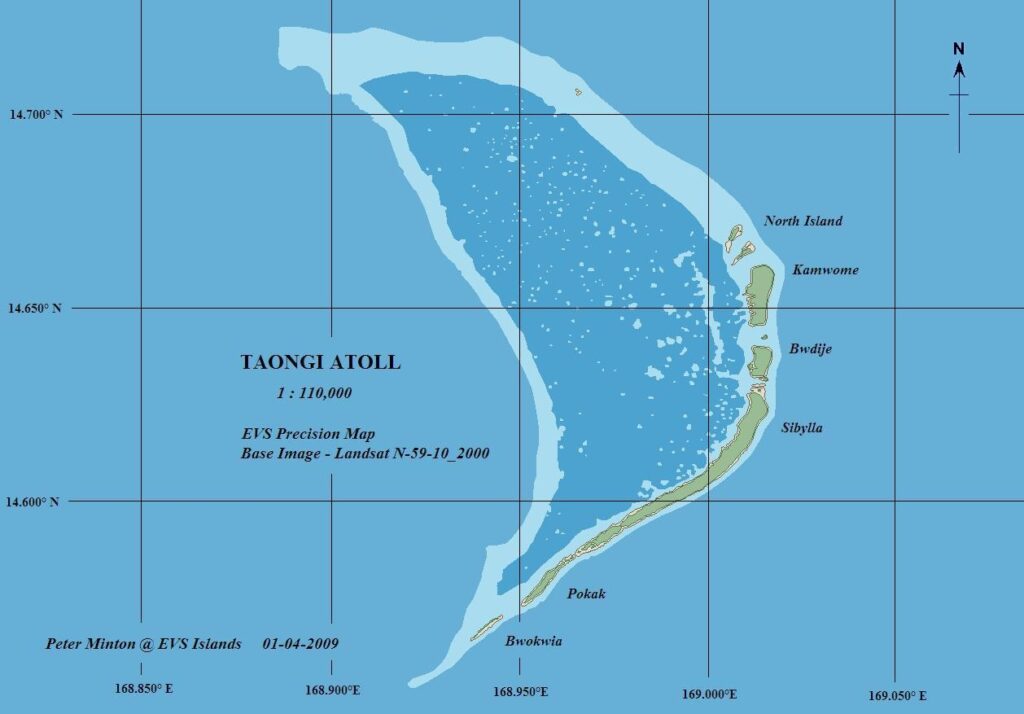 A geographic diagram of the Taongi Atoll, where the Sarah Joe and its crew were found in 1988.